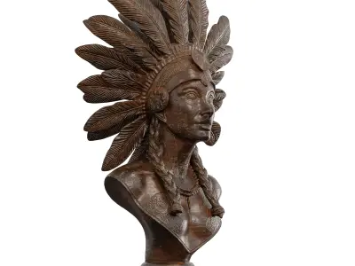 Artistic Bust with Feathered Headdress - Aged Bronze Sculpture 3D model