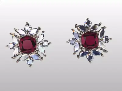 stud earrings with cushion cut gem stone in center 3D print model