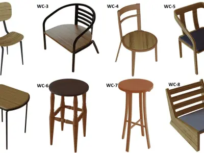 Bundle Wooden Chair 3D Model Low-poly 3D model