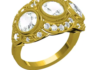 Three Stone Diamond Halo Art Deco Ring 3D print model