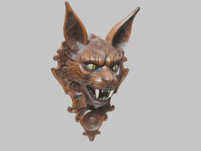 Carved Wooden Diabolical Cat Head Wall Mount  Low-poly 3D model