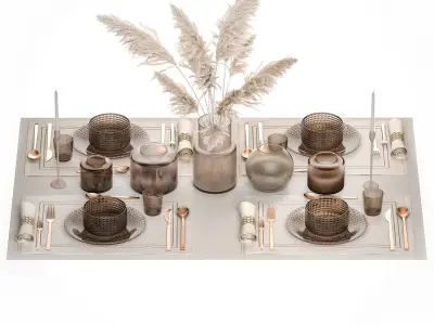 table setting for 4 persons with a bouquet of pampas grass  3D model