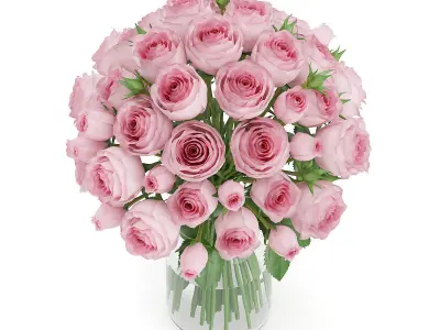 Pink Roses in Glass Vase 3D model