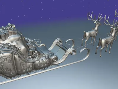 Santa Claus Sleigh with reindeers Low-poly 3D model
