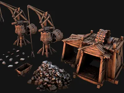 Medieval Wooden Mine and Excavator Ore Low-poly 3D model