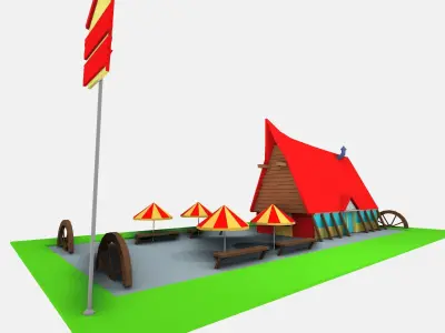Low-Poly food circus tent with tables and umbrellas Free low-poly 3D model