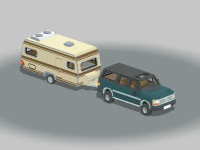 Voxel Caravan With SUV Tow Low-poly 3D model