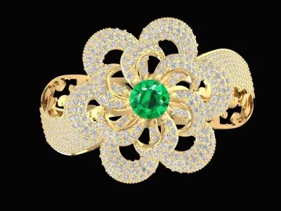 Floral Diamond Ring with Green Gemstone Center 1214 3D print model
