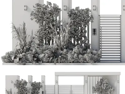 Door outdoor entrance and fence and graden 06 Low-poly 3D model