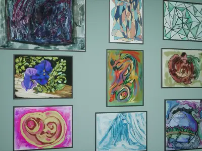 Painting Set Low Poly Game Ready art gallery in virtual world Low-poly 3D model