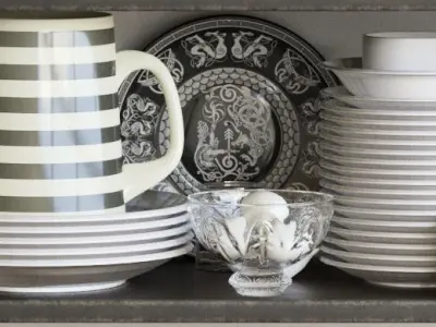 Set-189 bookcase filled with china and silverware 3D model