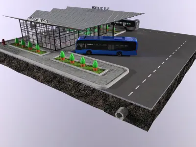 low-poly 3D PBR set City Bus station Low-poly 3D model