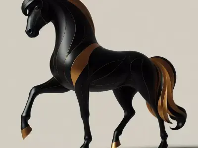 Elegant Black Gold Horse Dynamic Striped Sculpture Low-poly 3D model