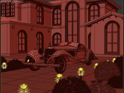 3d scene  luxury house with classic old car 3D model