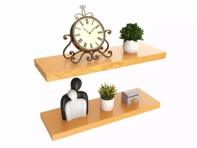 Floating Wooden Shelves with Decorations and Plants 3D model