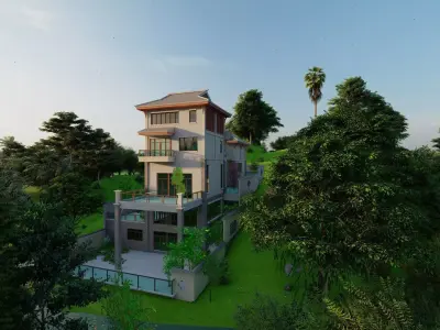 A Chinese style villa built on the mountain 3D model