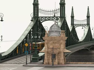 Vintage Steel Arch Bridge with Tram Tracks Low-poly 3D model