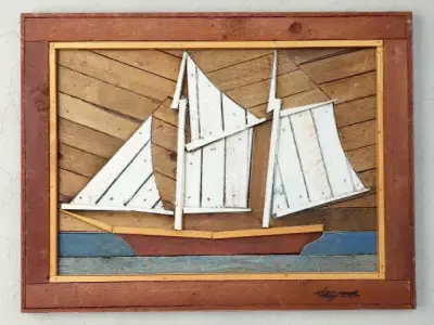 Folk Art Painted Wood Lathe Assemblage Ship 3D model