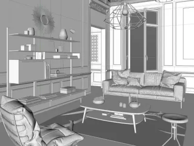 Mid Century interior scene 3D model 2