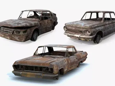 Burnt Retro Cars Set 3D Model Pack