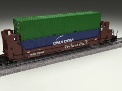 Brown Train Well Car w Containers 3D model