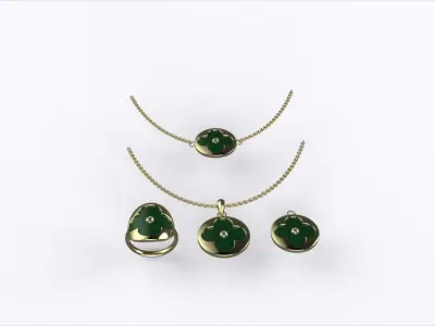 Luxury Clover Jewelry Set 07 3D Model  Ring Pendant Necklace  3D print model