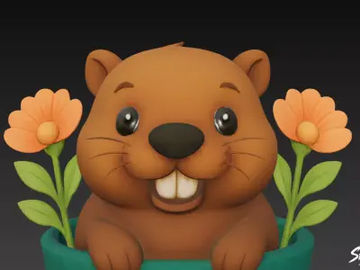 Beaver in Flower Pot Low-poly 3D model