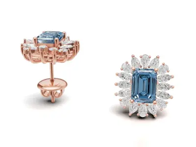 Emerald Gemstone With Surround Diamond Design Stud For Women 3D print model