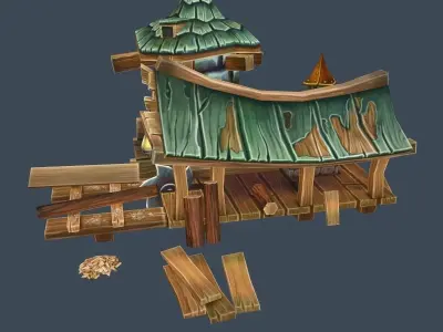Cartoon Old Wood and Stone Workshop Sawmill 3D Model Low-poly 3D model