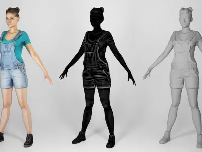 Pretty girl in denim in A-pose 191 Low-poly 3D model
