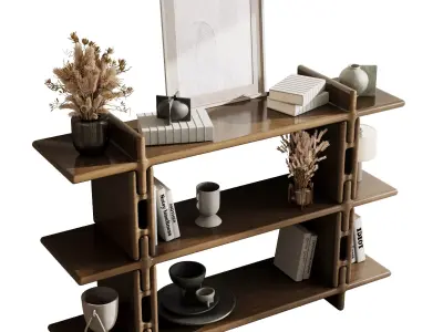 Wooden Shelves Decorative With Plants and Book - wooden Rack 43  3D model