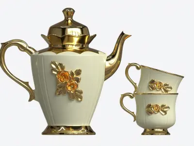Teapot and Cups Decorated with Golden Flowers 3D model
