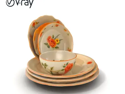 Farmhouse Porcelain Dish Set Floral Pattern model pack Low-poly 3D model
