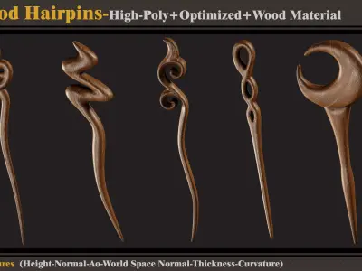 15 Wood Hairpins-High Poly-Optimized- FBX-OBJ- Wood Material  3D model