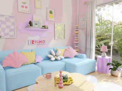 Pastel Living Room Blender Scene 3D model