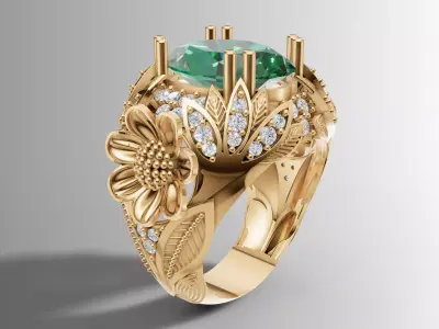 Cocktail Ring 3D Model Large Cabochon Floral Design 3D print model
