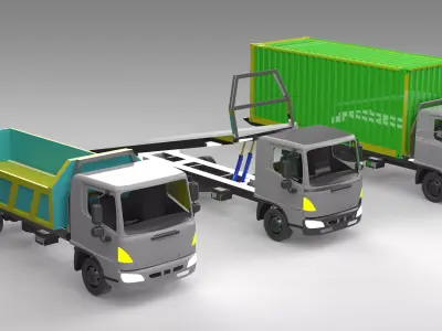 3 Trucks 3D Model  Dump Truck Container Carrier Flatbed Loader 3D model