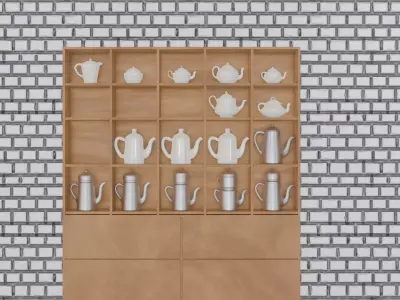Pot collection wooden shelf with tea cups Free 3D model