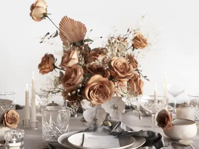 Tableware Set 3 3D model table with flowers and silverware 3D model
