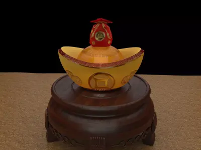 Chinese gold ingot piggy bank with money bag  3D model