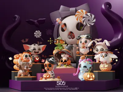 Art Toy Animal Set  3 Q-Z Halloween Character 3D model Low-poly 3D print model