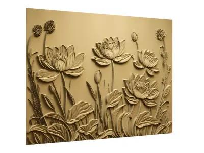Lotus flowers wall art set relief STL panel carving CNC 259 3D model