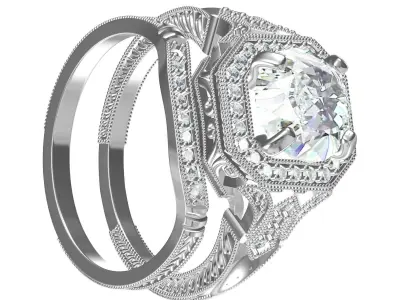 Unique Art Deco Engagement Ring With Band 3D print model