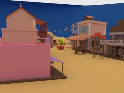 low poly city town in desert 3D model