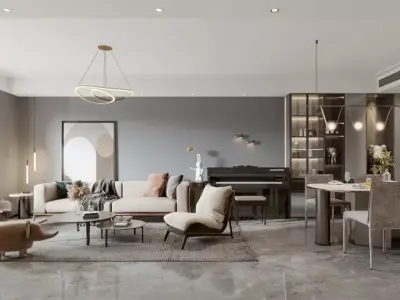 Modern Luxury Living Dining Room High-End Interior Scene 3D model
