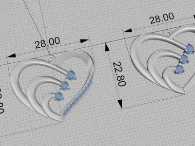 2 Pendants heart with diamonds 3D print model
