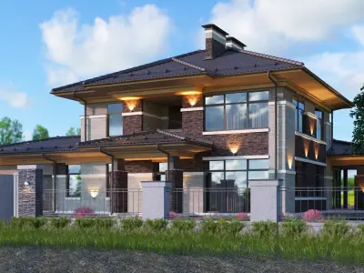 Wright-style apartment building with 2-car garage 3D model