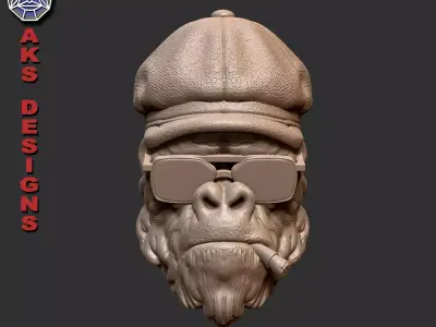 Gangster gorilla smoking with hat Bas relief 3D print model
