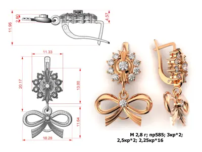 G0071 rose gold bow earrings with diamonds 3D print model