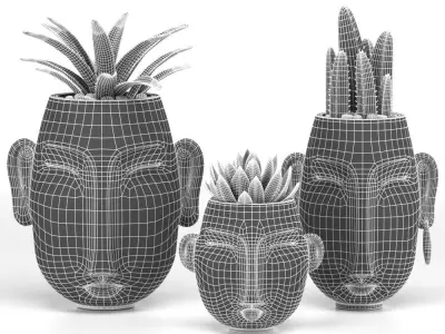 decore set three concrete planters with cactus plants 3D model